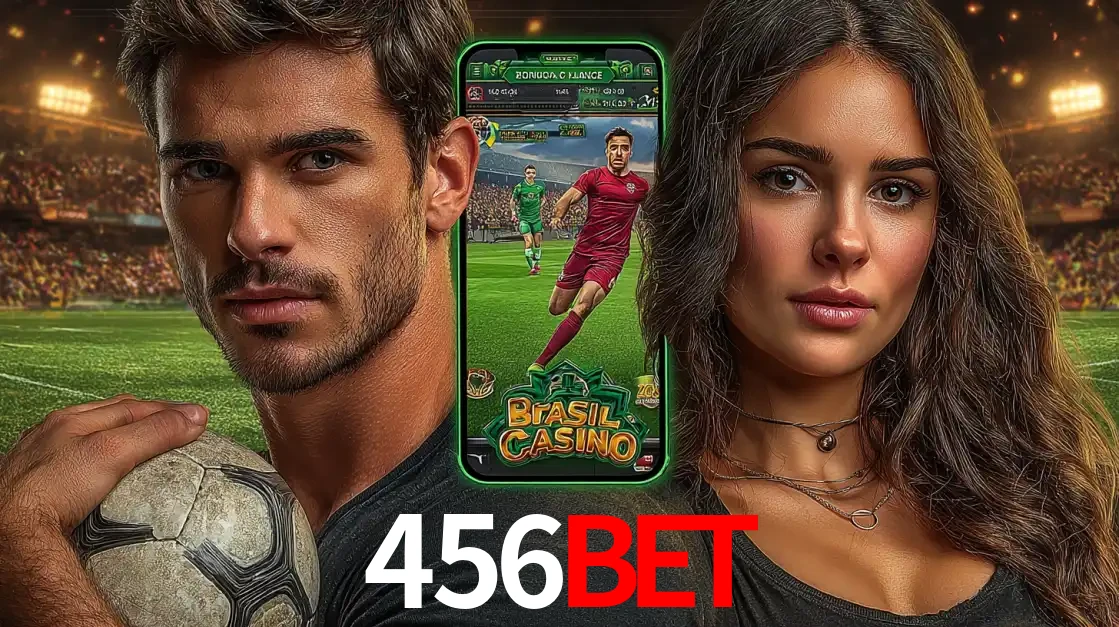 Homem segurando uma bola de futebol e uma mulher ao lado de um smartphone exibindo o jogo de apostas esportivas da 456BET. Faça seu palpite no cassino online.
